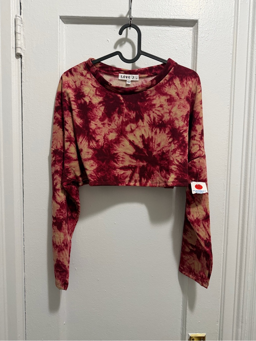 love J Burgundy and Cream Tie-Dye Cropped Long Sleeve Top
